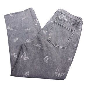 Simple Society Straight Leg Button Fly Jeans 13 Butterfly Print Gray Raw Hem